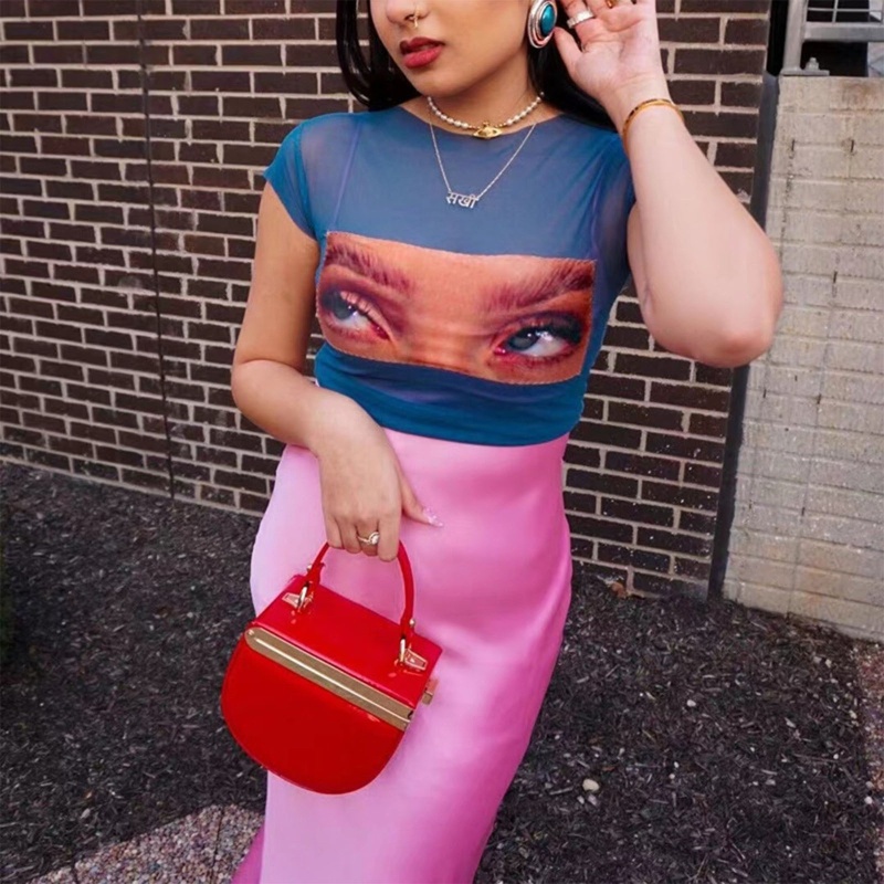 Áo Thun Croptop Tay Ngắn Dáng Ôm In Hình Đôi Mắt Vui Nhộn Phong Cách Harajuku Thời Trang Mùa Hè Cho Nữ