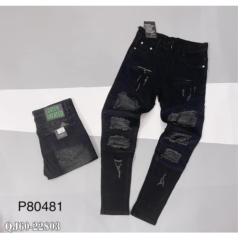Quần bò nam đen da nhăn phối rách