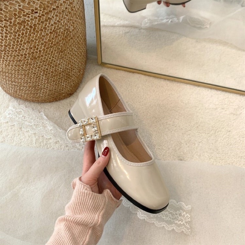 Giày marry jane quai ngang da bóng đính đá kiểu dáng hàn quốc