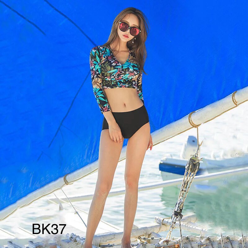 (ẢNH THẬT)  BIKINI BỘ BƠI DÀI TAY HỌA TIẾT HOA XANH QUẦN ĐEN CAO CẤP | BigBuy360 - bigbuy360.vn