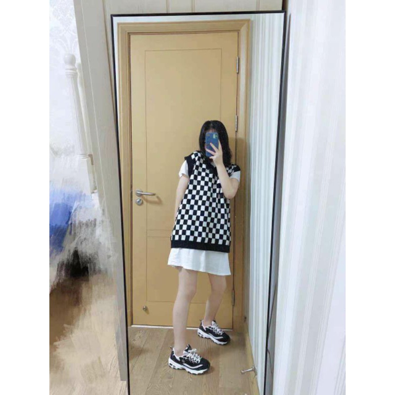 Áo len gile kẻ caro giống idol màu xanh lá non đen nữ sinh Hàn Quốc mẫu xuân hạ có size