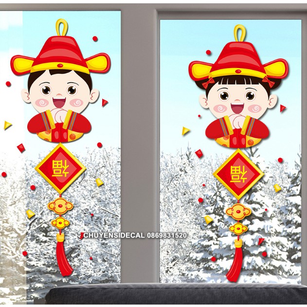 Decal trang trí Tết - Cặp Trai Gái Nón lớn chúc Tân Xuân