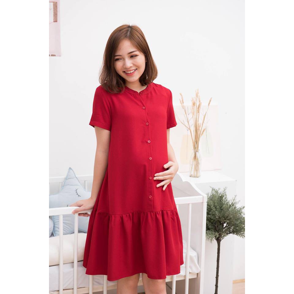 Váy bầu công sở - đầm bầu mùa hè màu đỏ đuôi cá cổ tàu váy sau sinh cho con ti HD01 - Meemom đẹp