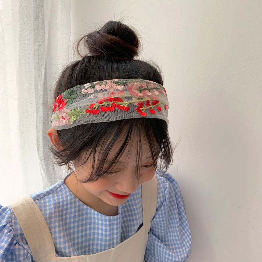 Băng đô co giãn vải ren họa tiết thêu hoa phong cách Hàn Quốc vintage dành cho nữ