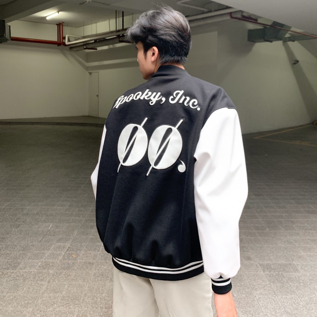 Áo Khoác Dạ Đen Phối Da - Varsity Jacket