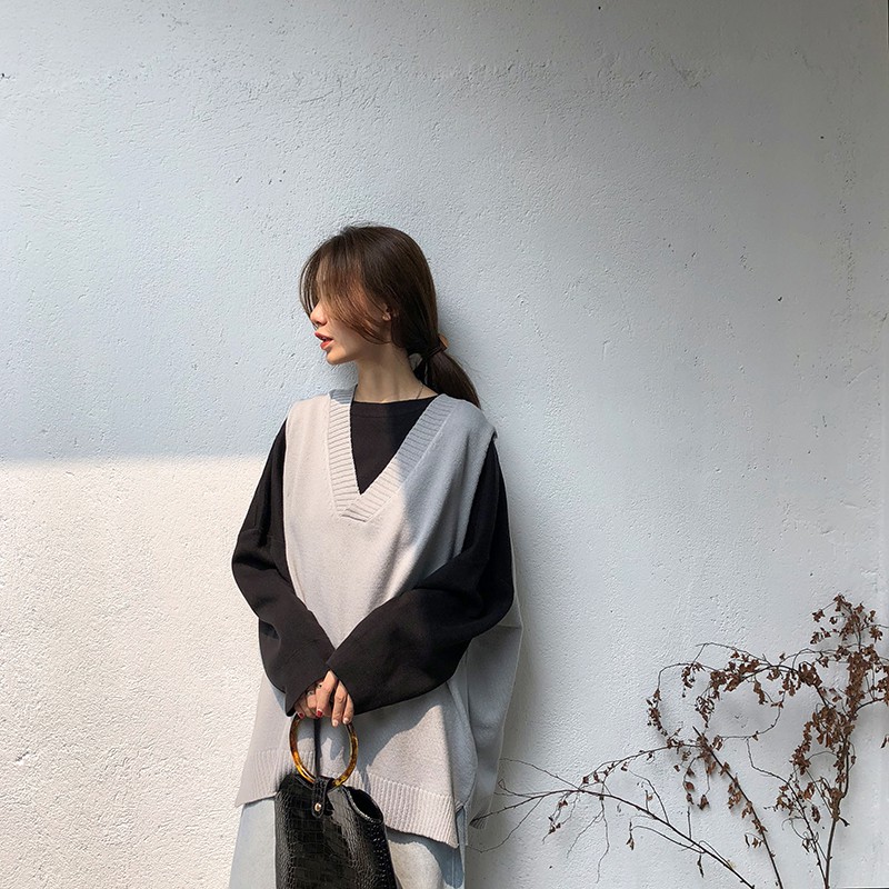 Áo gile len mỏng phom rộng dài ulzzang Hàn Quốc
