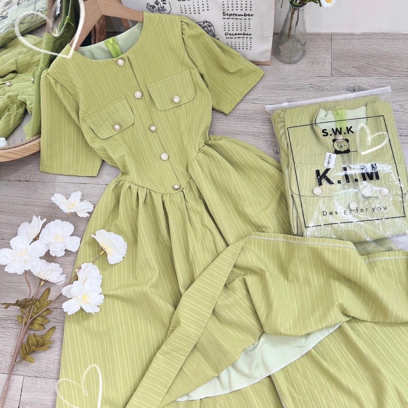 Đầm xoè❤️Đầm xoè cổ tròn túi đắp kèm nút