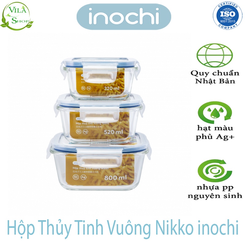 [3 Size] Hộp Thủy Tinh Chịu Nhiệt Hình Vuông, Hộp Thủy Tinh Cao Cấp Inochi Sử Dụng An Toàn Trong Lò Vi Sóng