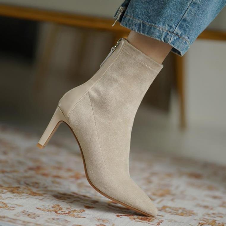 🐟 12-12 Giày boots cao gót da lộn khóa sau mũi nhọn công sở phong cách vintage Hàn Quốc
