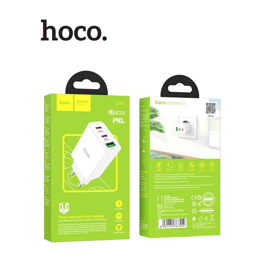 Củ sạc nhanh PD20W Hoco C99A chân tròn 2 cổng Type-C/ Usb chống cháy cao cấp