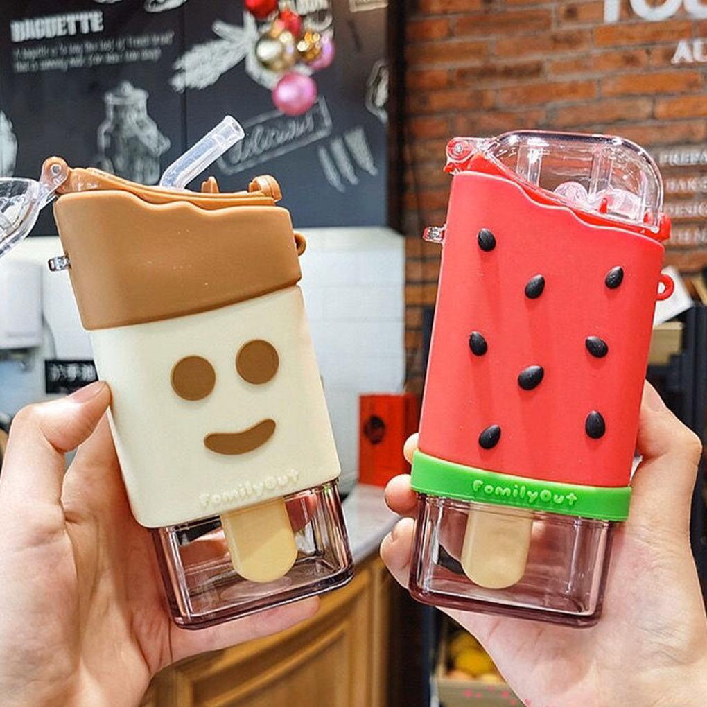 Bình Đựng Nước 300ml Bằng Silicon Hình Que Kem Hoạt Hình Chống Mất Kèm Ống Hút Chống Rò Rỉ Cho Trẻ Em