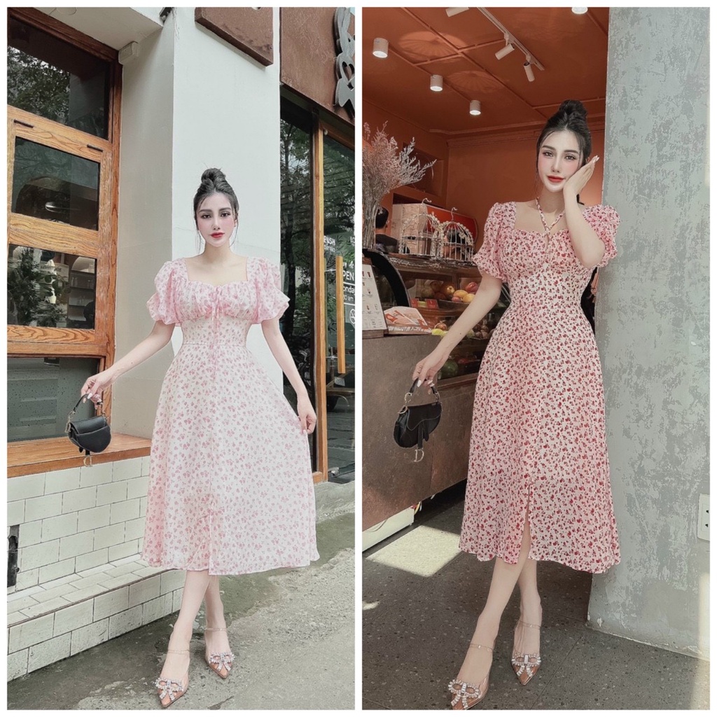 Đầm voan hoa dáng dài cổ vuông
