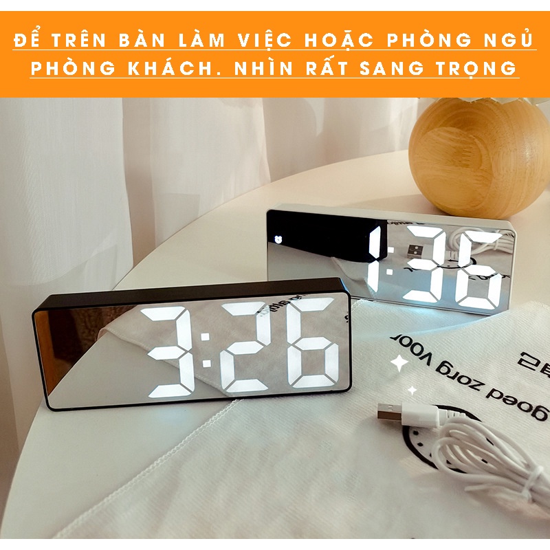 Đồng Hồ Led Mini Để Bàn Trang Trí Decor Chữ Số To, Báo Thức, Chỉnh Độ Sáng Thông Minh Tiện Lợi - Mặt Gương Soi