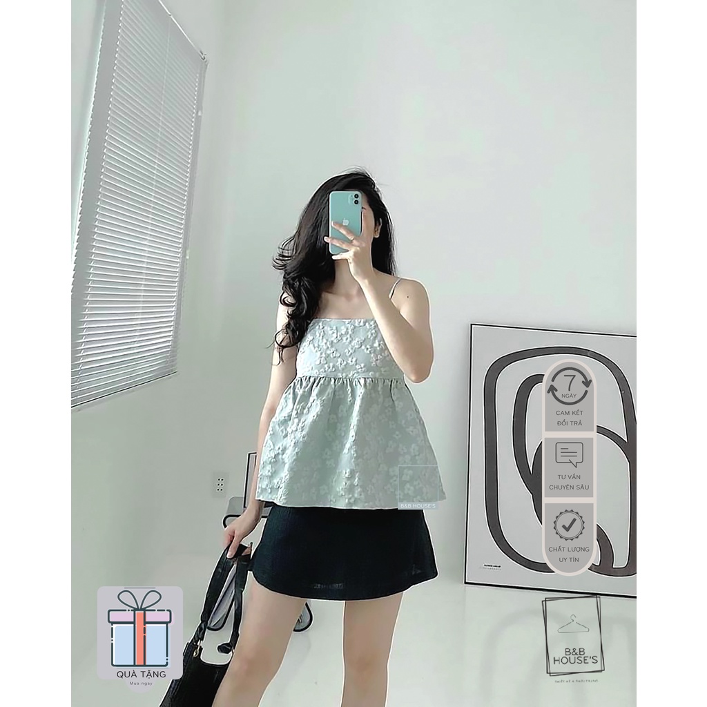 Set áo 2 dây (hoa thêu) + Chân váy chữ A(TẶNG CỘT TÓC SCRUNCHIES)