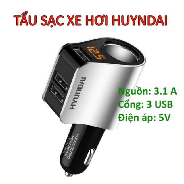 Tẩu Sạc Ô Tô Tẩu Sạc Hyudai HY10 Tẩu Tròn,3 USB Nhỏ, Có Đèn Báo Điện Áp Ác Quy