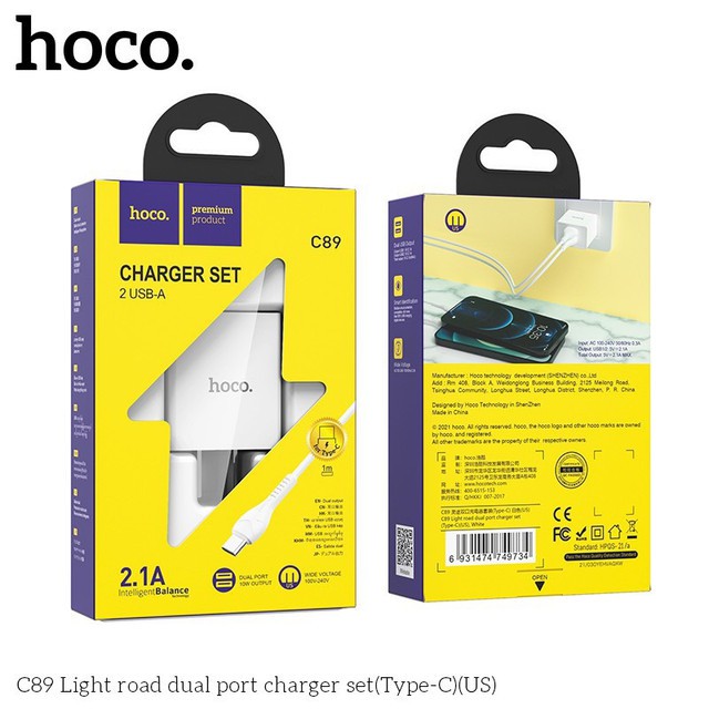 Bộ sạc Hoco C89 dòng 2.1A / 2 cổng ra đầu Lightning, Micro, Type-C dây cáp dài 1m - Chính hãng