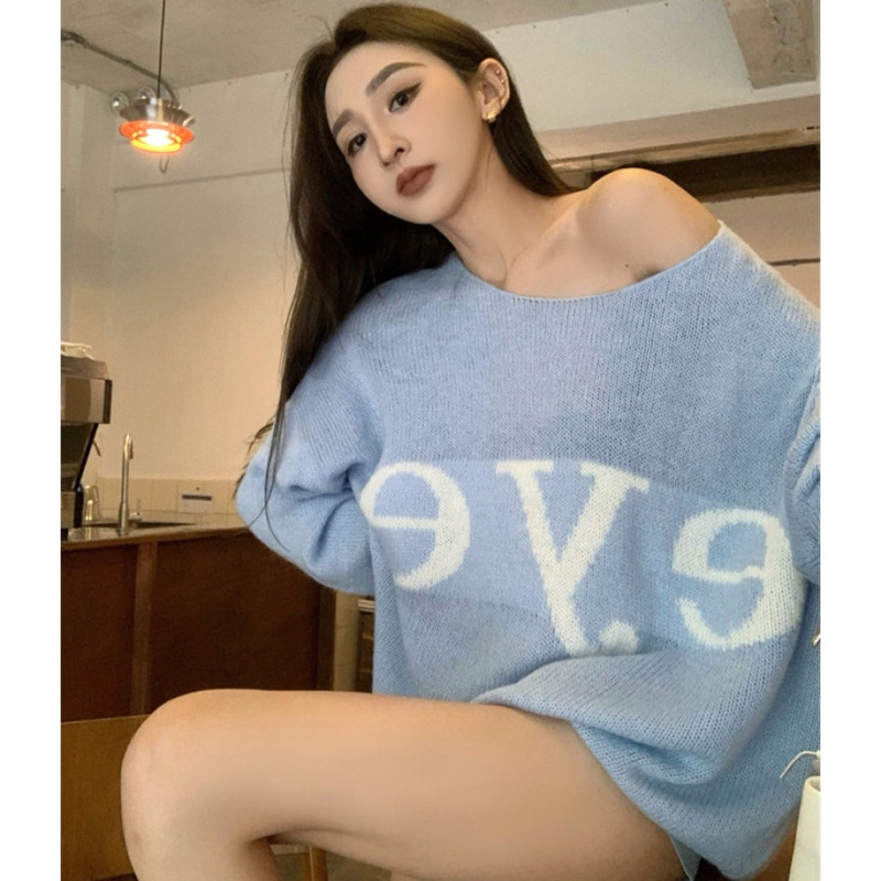 Áo Sweater Dệt Kim Tay Dài Dáng Rộng In Chữ Thời Trang