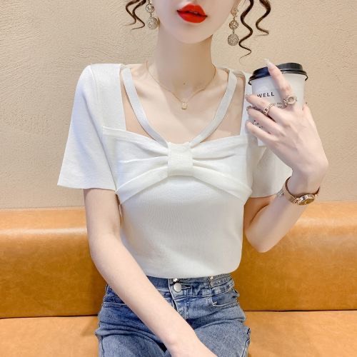 Áo Len Kiểu Ôm Body Tay Ngắn Có Dây Nơ Ngực Sọc Và Trơn Nữ Tính | Smide Clothing