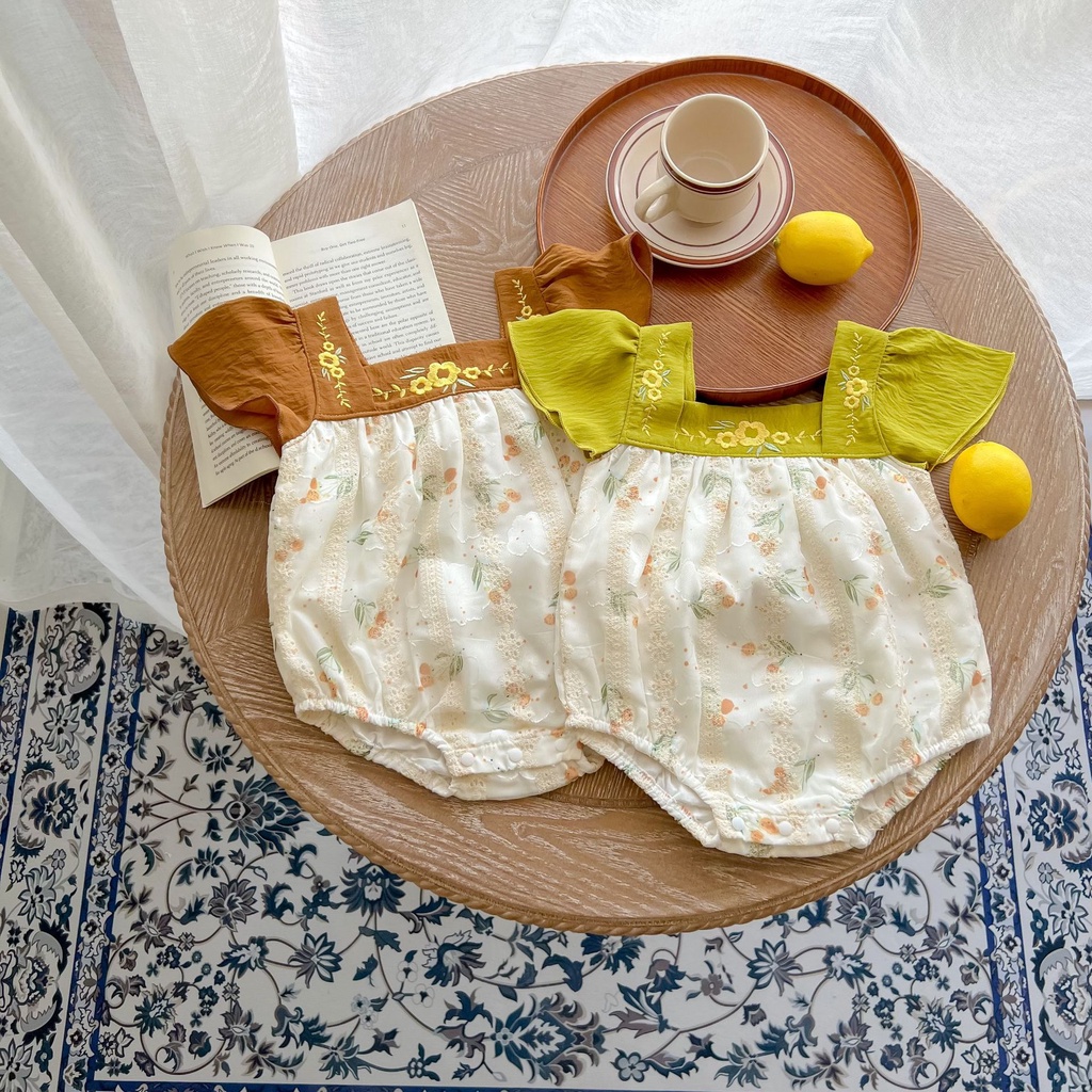 Bộ Áo Liền Quần Ngắn Tay Vải Cotton Jacquard In Hoa Kiểu Retro Pháp Thời Trang Mùa Hè Cho Bé Gái