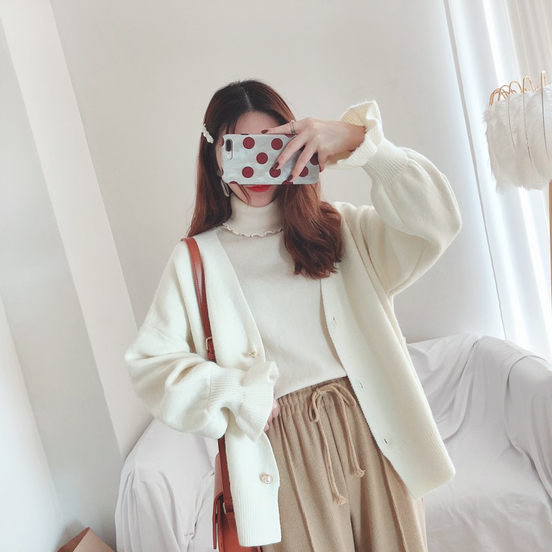 Áo khoác len cadigan nữ khuy cườm cổ V bo ống tay điệu đà tiểu thư Hàn Quốc