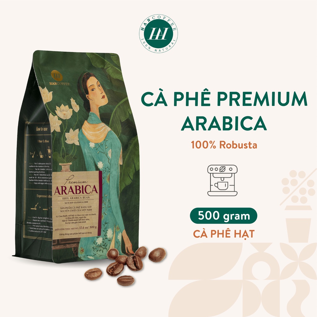 Cà Phê Arabica Pha Máy, Cà Phê Espresso Rang Hạt Mộc HANCOFFEE Premium  Mùi Vị Chua Thanh, Đắng, Ngọt Nhẹ Túi 500g