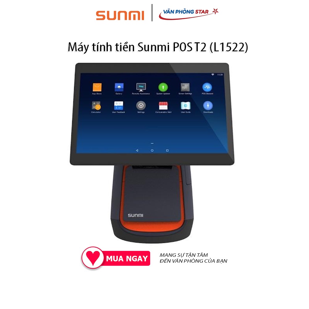 Máy tính tiền Sunmi POS T2 (L1522) Màn hình chính: 15.6″ FHD, 1920×1080 Màn hình phụ: 10.1″HD-1024×600- Wifi: 802.11 b