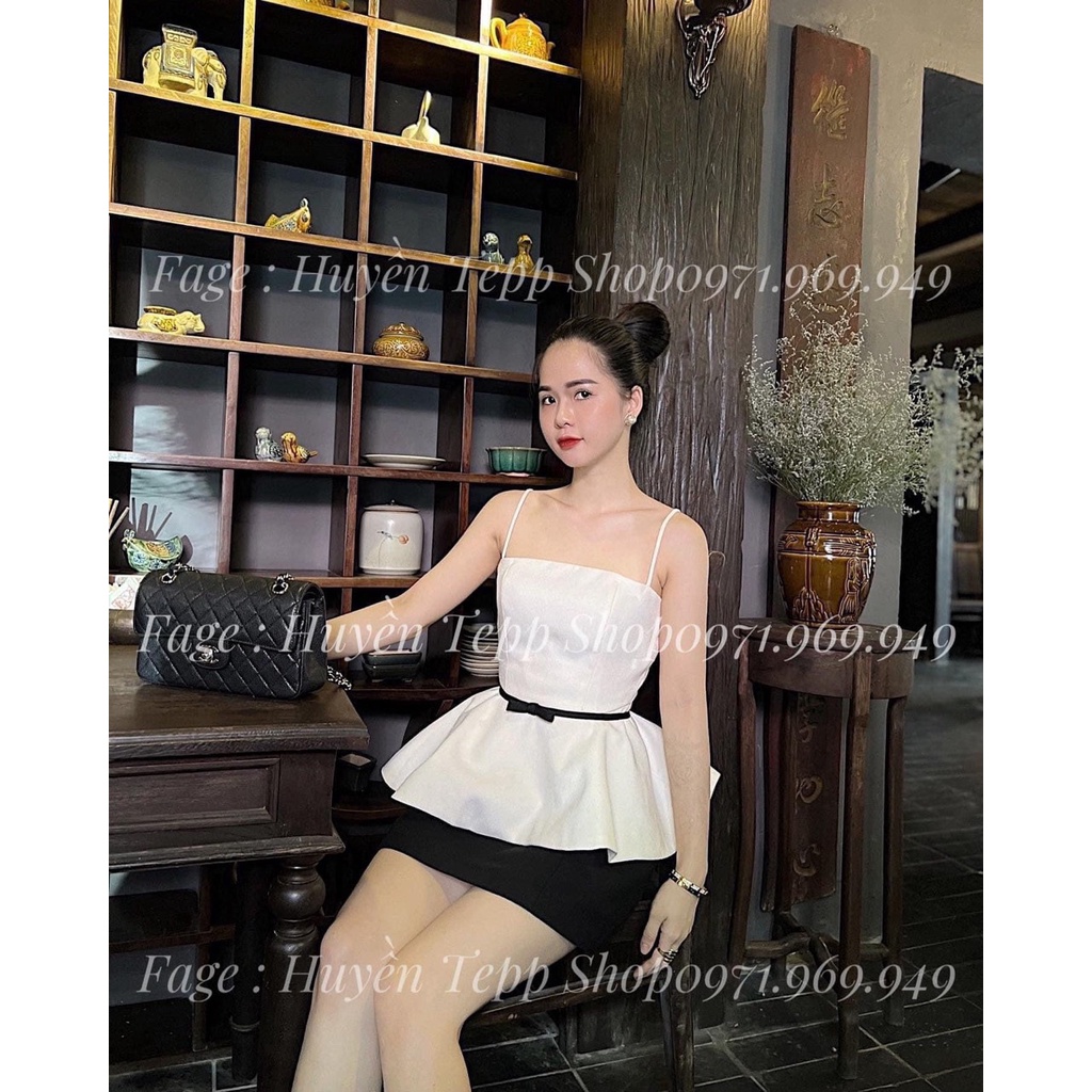 SET ÁO PEPLUM NƠ EO 2 DÂY + CHÂN VÁY ĐEN (TH)
