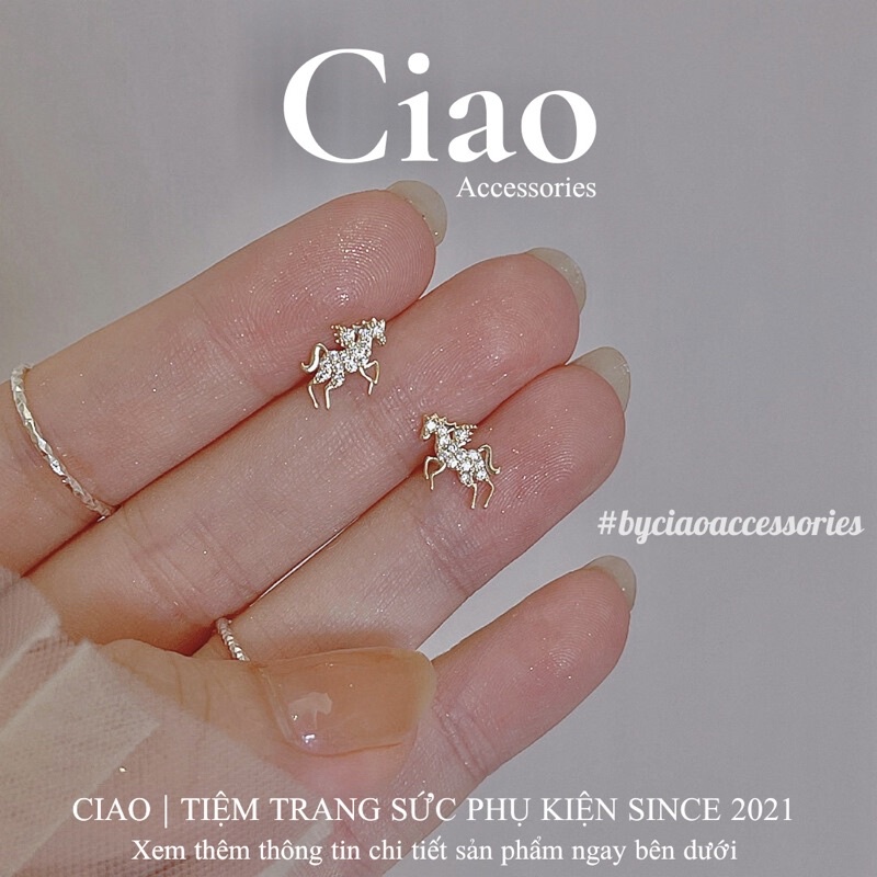 [HOẢ TỐC 1H] Khuyên tai/ Bông tai mạ bạc S925 thiết kế hoạ tiết đính đá Unicorn Tiny Ciao