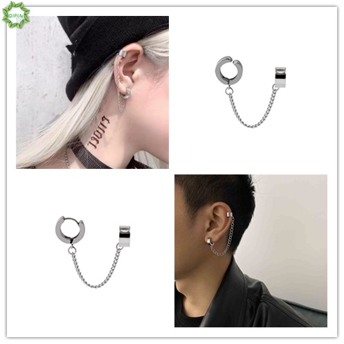 Khuyên kẹp vành tai bằng thép không gỉ phối dây xích tua rua phong cách Punk hiphop dành cho nam và nữ