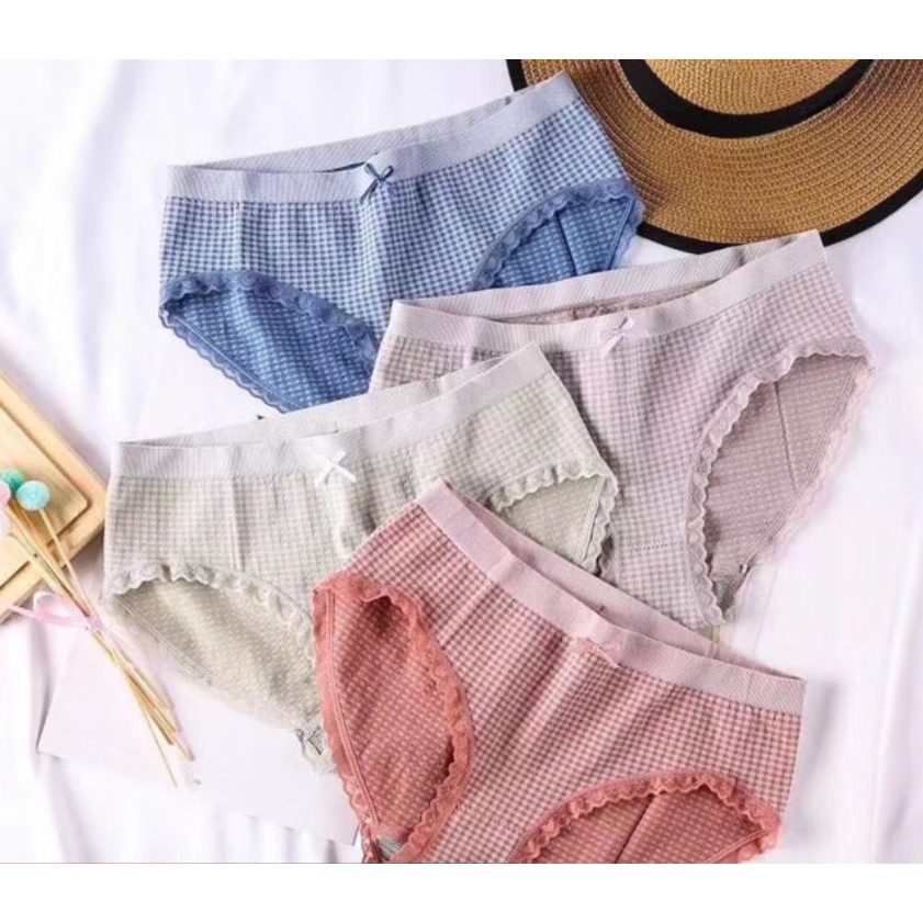 HỘP 5 Quần Lót Nữ Cotton Co Giãn 4 Chiều Kẻ Caro Viền Ren Kháng Khuẩn Dễ Thương LOTNU02