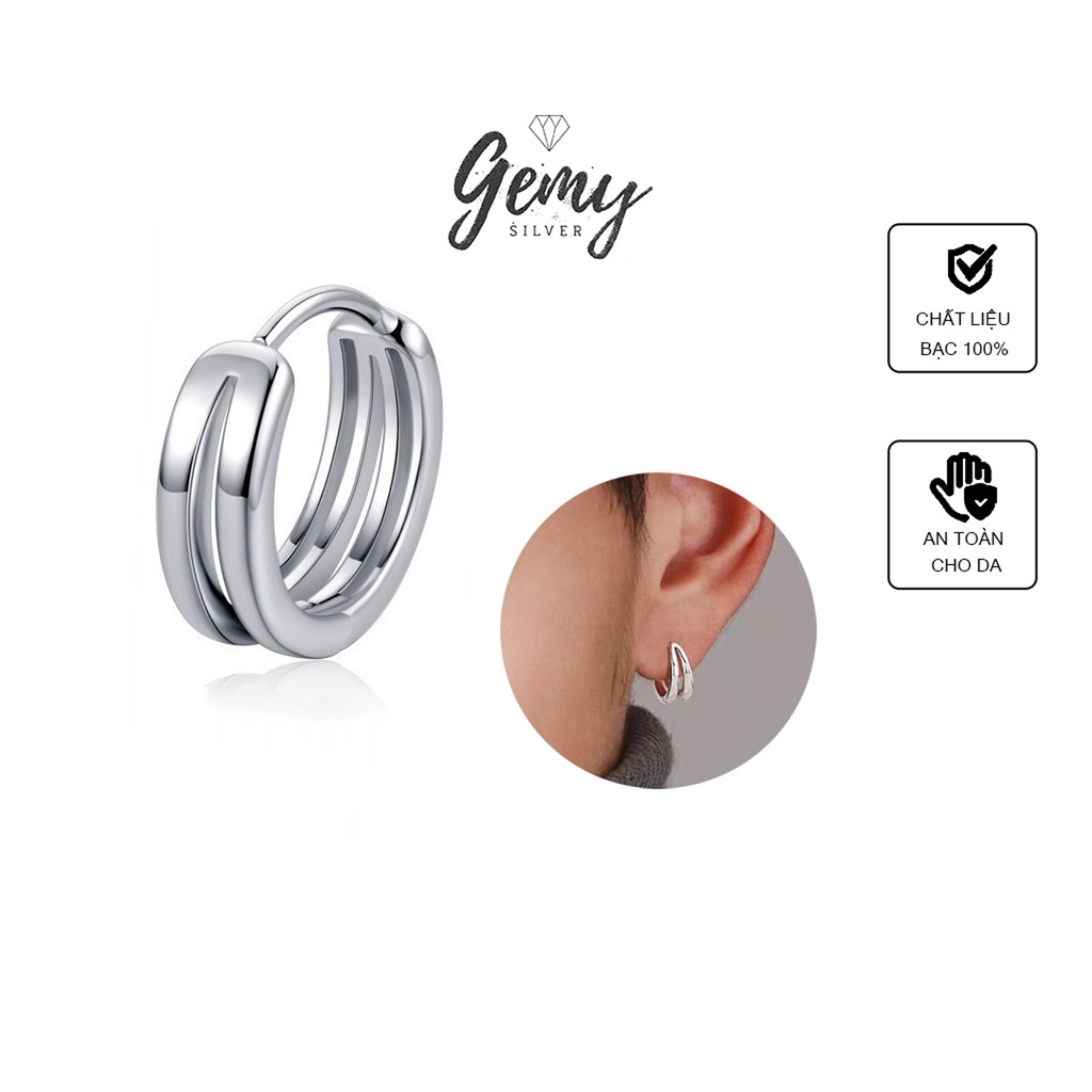 Khuyên tai bạc nam tròn trơn kép đơn giản, basic (1 chiếc) Double Rings | GEMY SILVER KN49