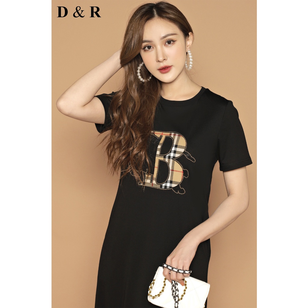 Đầm thun suông bigsize họa tiết thêu logo BBR Quảng Châu cao cấp váy đi chơi dạo phố thương hiệu thời trang D&R D184