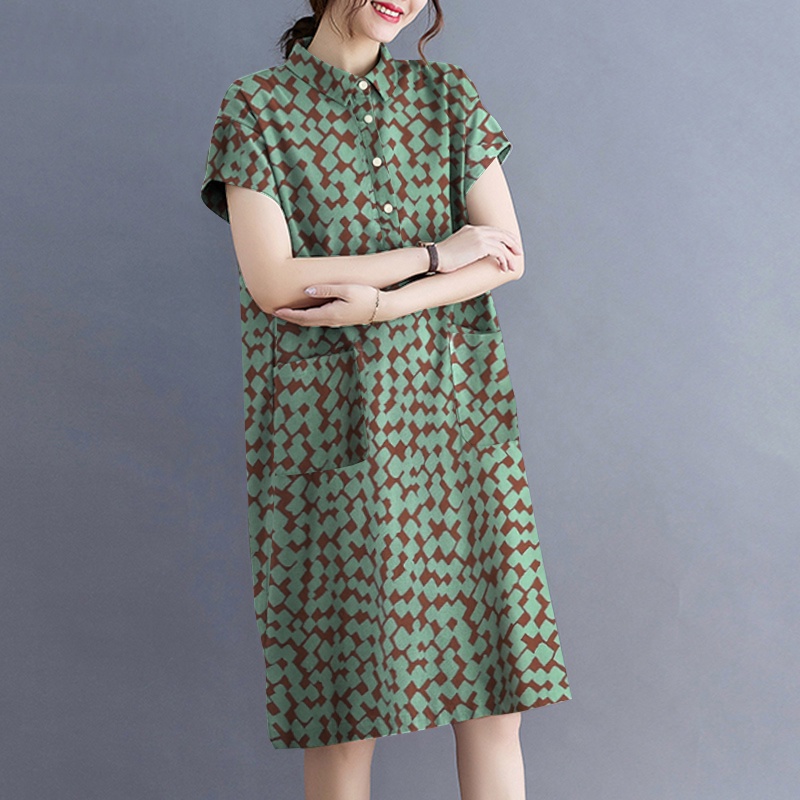 Đầm mini ZANZEA tay ngắn dáng rộng vải cotton in họa tiết phong cách vintage dễ phối trang phục cho nữ