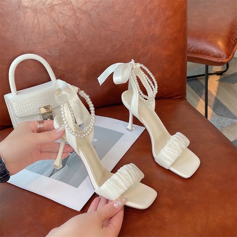 Giày sandal cao gót nữ đế nhọn 7 phân thắt nơ quai ngọc cực xinh hottrend 2022