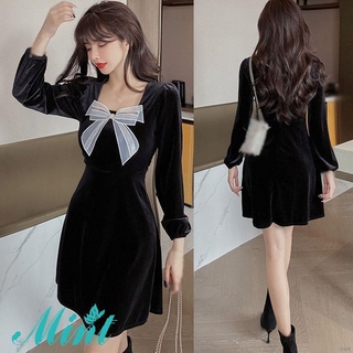 Đầm nhung dài tay thắt nơ cổ phong cách hàn quốc dành cho nữ