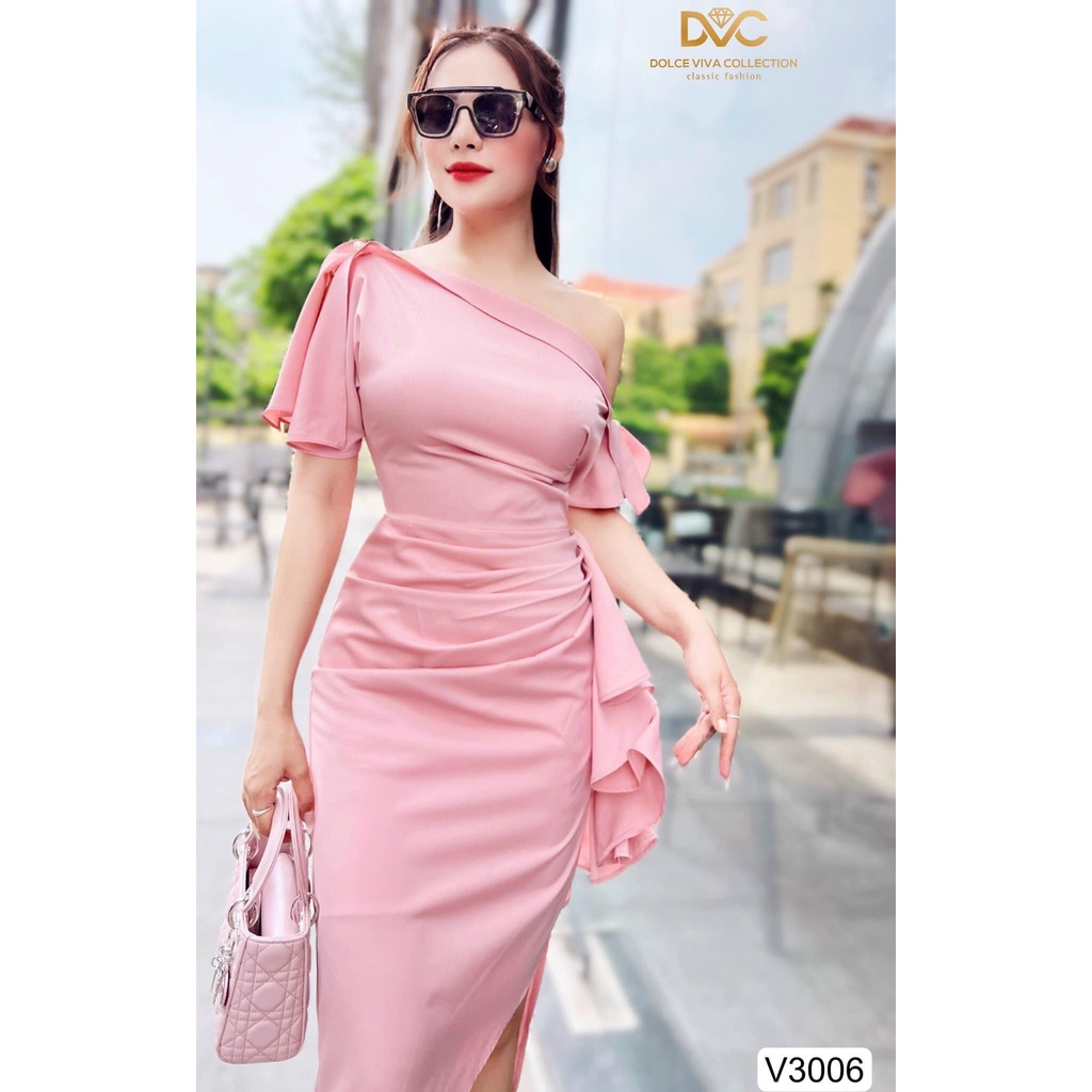 V3006 váy body trễ vai màu hồng