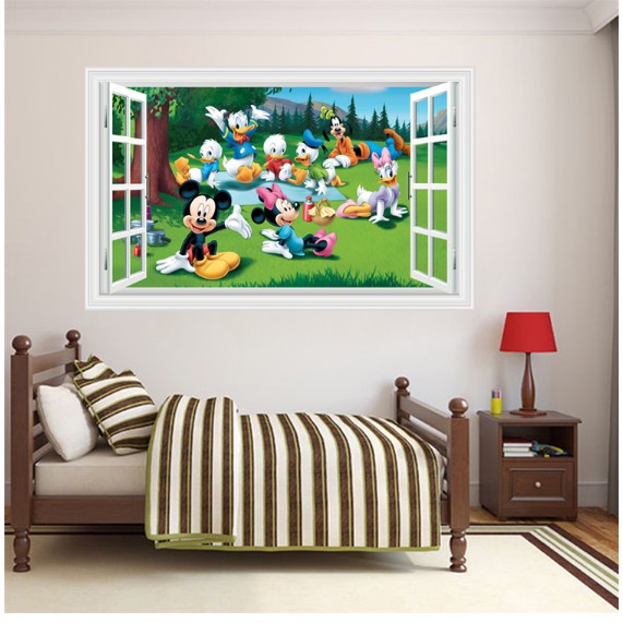 Decal trang trí khung cửa sổ chuột Mickey và vịt Donal