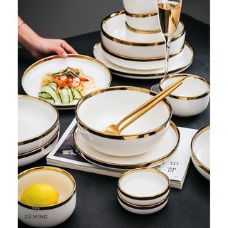 Bộ Bát Đĩa Sứ Màu Trắng Sang Trọng, Viền Vàng 24k, Tặng 1 Bộ Đũa Hàn Quốc , Hàng Loại 1 Sáng Bóng