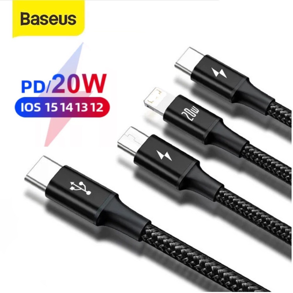 [ 3 đầu 20W ] Dây sạc 3 đầu sạc nhanh 20w Baseus  type c micro - cáp 3 in 1 bọc dù cho  samsung ..ĐEN 1,2m
