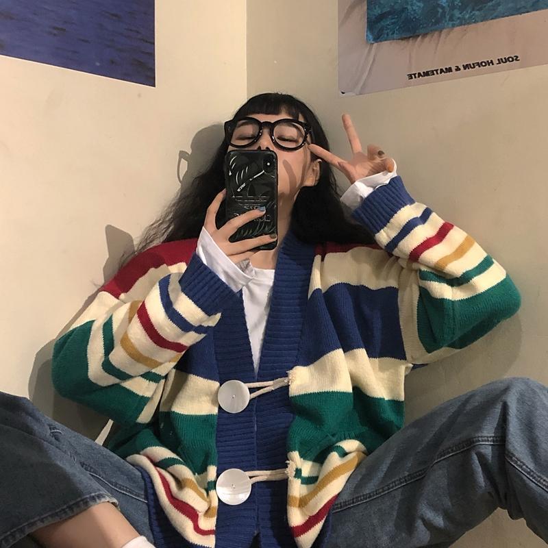 Áo khoác len cardigan dáng rộng họa tiết kẻ sọc ngang trẻ trung thời trang