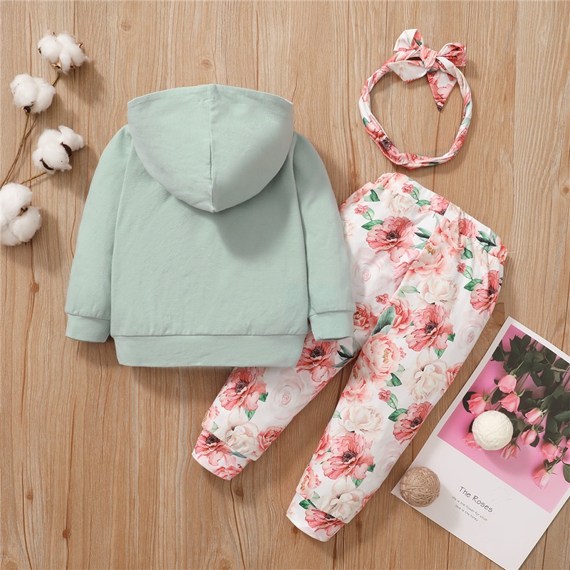 Set trang phục 3 món Mikrdoo gồm áo hoodie tay dài + quần dài + băng đô nơ họa tiết hoa mùa thu cho bé gái sơ sinh