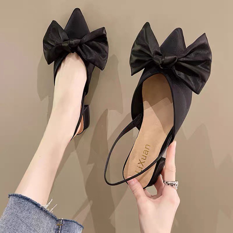 Sandal bệt vải vi sợi mũi nhọn nơ to