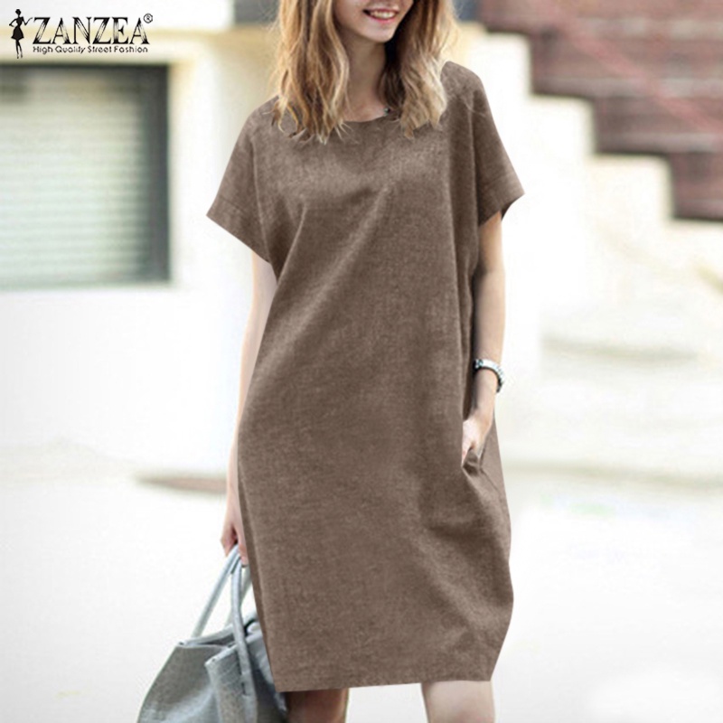 Đầm ZANZEA tay ngắn cổ tròn màu trơn thời trang cho nữ