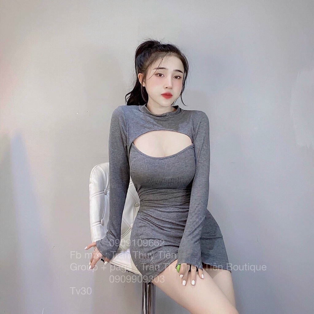 [ Miễn phí ship 2022 ] Đầm gân ôm body, đầm thun tay dài khoét ngực sexy, cổ tròn 2 màu đen xám trẻ trung, tôn dáng