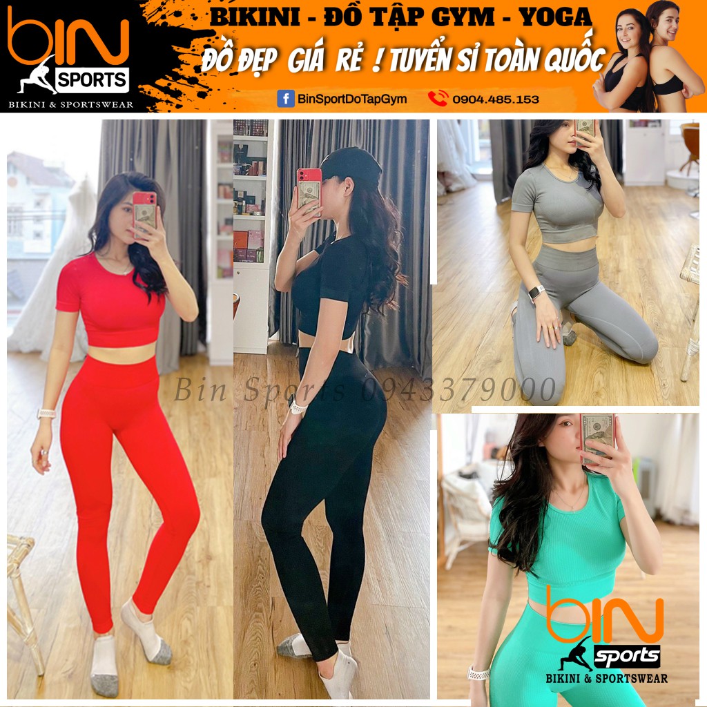 Bộ đồ tập thể thao gym yoga nữ dệt kim áo crop quần dài cao cấp hàng nhập Bin Sports BD104