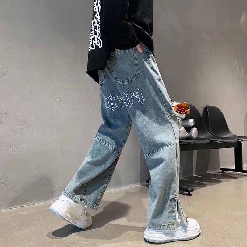 Quần jeans Dài Lưng Cao Ống Rộng Rách Gối Thời Trang Hàn Quốc Cho Nam Nữ Thư thêu quần jean unisex Quần jean thẳng chất lượng