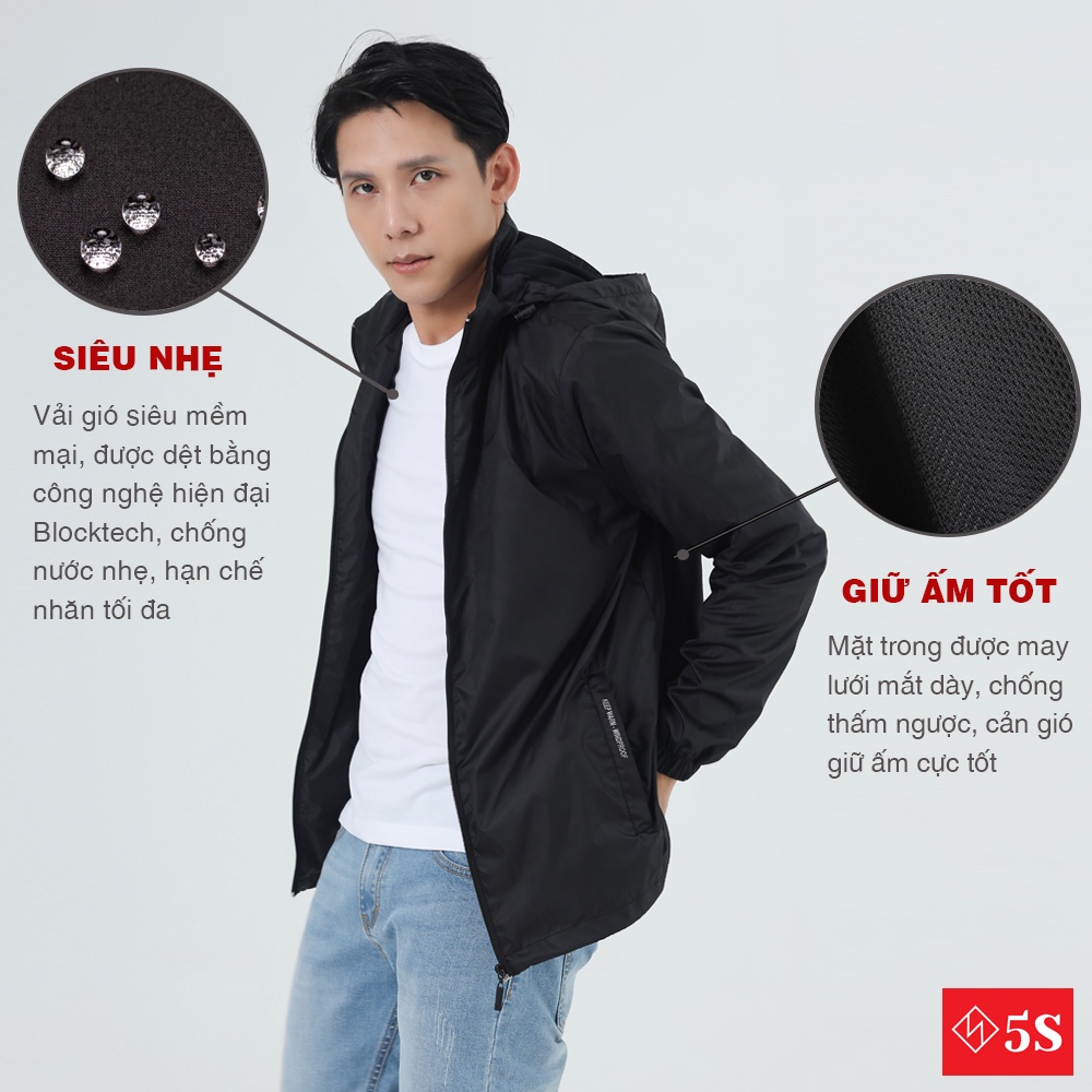 Áo Khoác Nam 5S Vải Gió Cao Cấp (5 màu), Mũ Rời, Mềm Mại, Chống Thấm Nước Nhẹ, Cản Gió, Giữ Ấm Cực Tốt