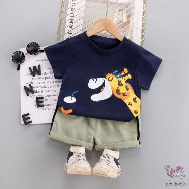 Set Đồ 2 Món Áo Thun Tay Ngắn In Họa Tiết Hoạt Hình + Quần Short Phong Cách Hàn Quốc Cho Bé Trai