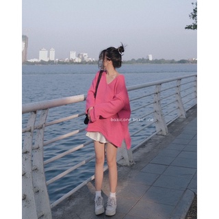 Áo len cổ tim Vạt xoắn, áo le cổ tim oversize tay rộng Bazic one