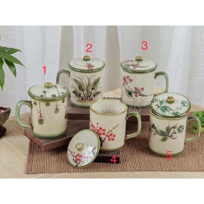 Bộ cốc uống nước vẽ tay có nắ đậy - sứ bát tràng cao cấp